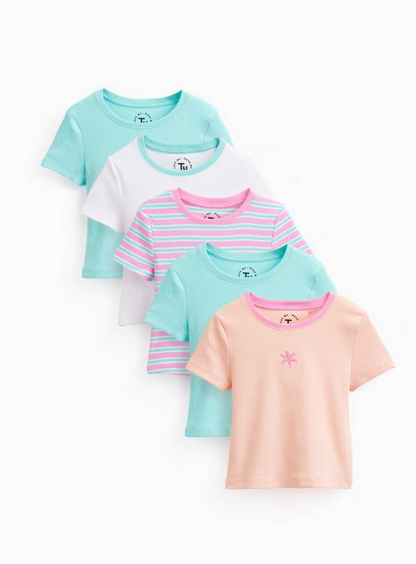 Plain & Striped Print Ribbed T-Shirts 5 Pack 7 years
